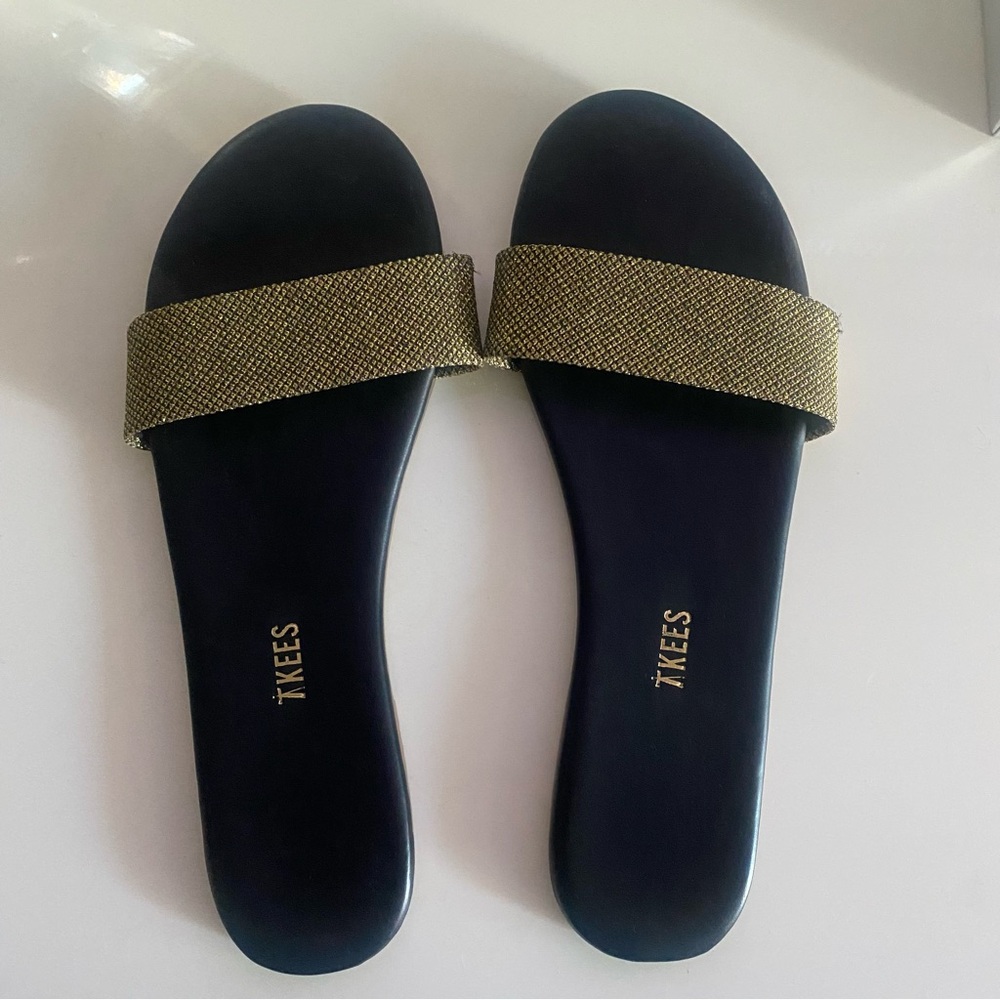 TKEES Black and Gold Slide Sandals Minimalist Design